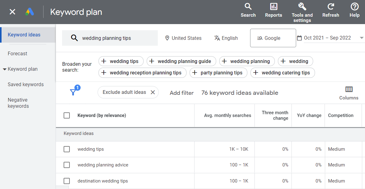 Keyword ideas for "wedding planning tips" in Google